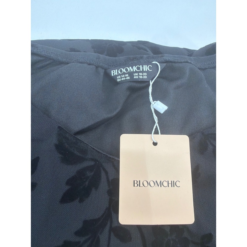 Bloomchic Black Floral Mesh Stretchy Midi Dress Romantic Short Sleeve 1X 14-16 - Picture 9 of 10